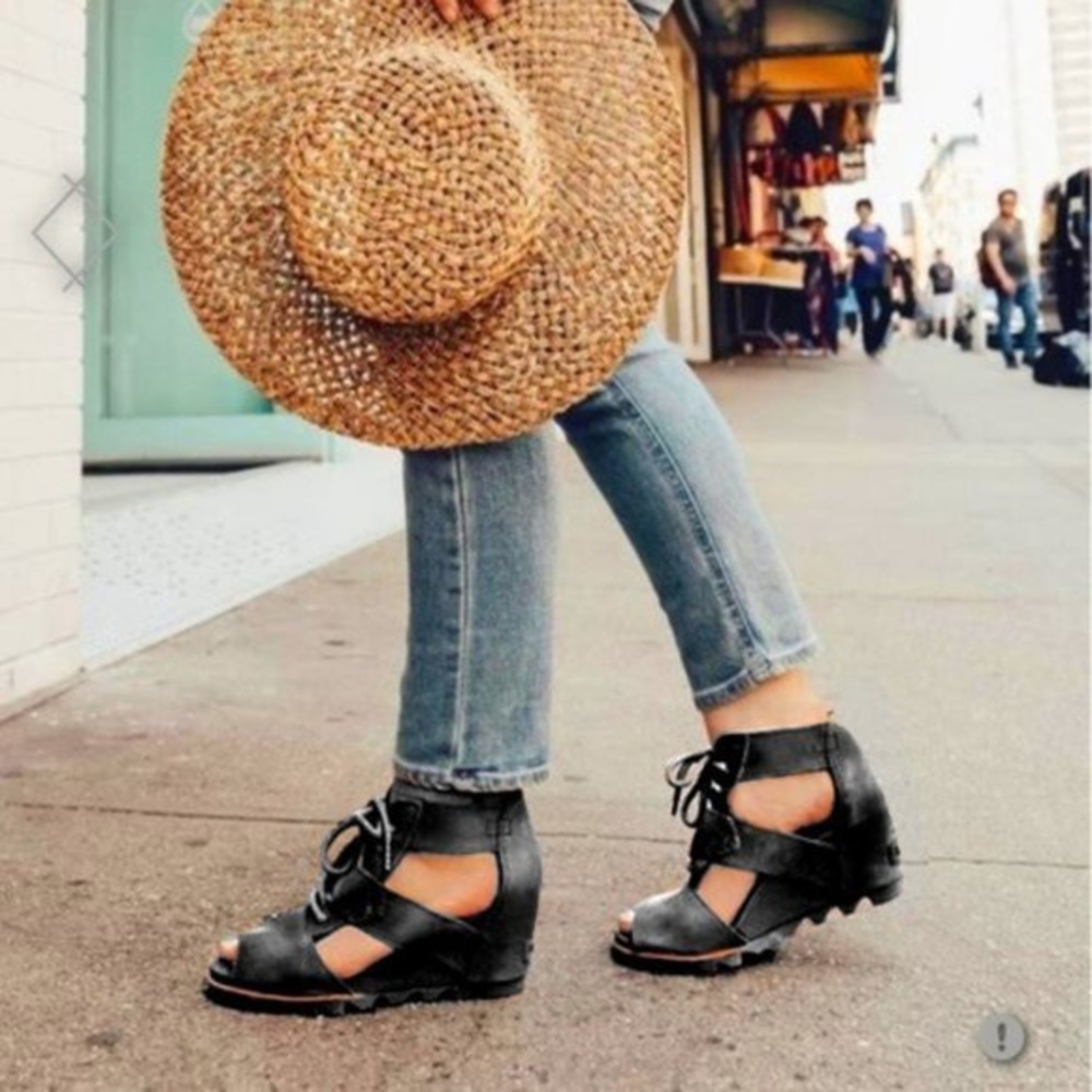 Sorel Joanie Black Lace Up Wedge Sandal